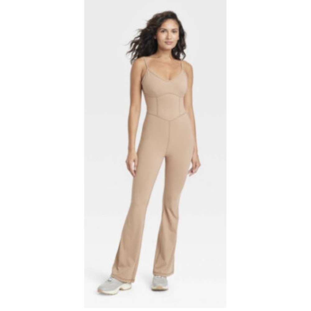 JoyLab Womens Latte Flare Long Bodysuit Tan Athleisure Yoga Jumpsuit Large